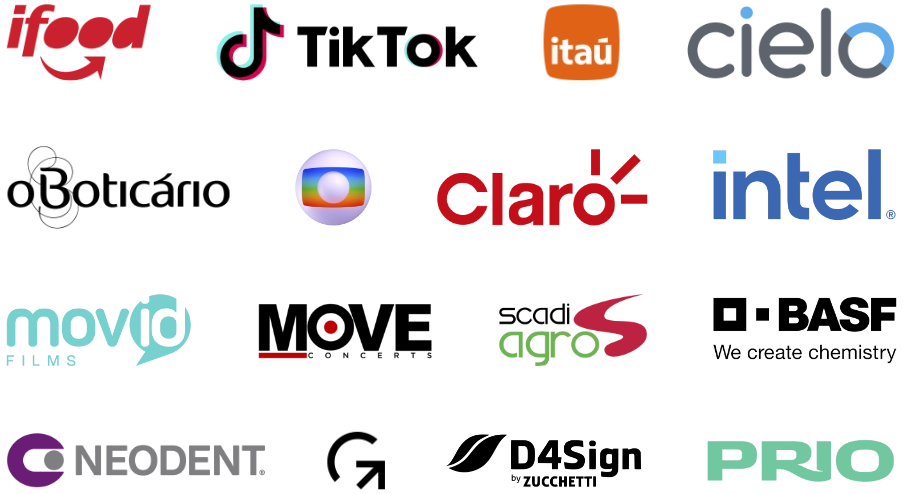 Logos de empresas atendidas pela Dry Maia Ateliê: iFood, TikTok, Itaú, Cielo, O Boticário, Globo, Claro, Intel, Movid Films, Move Concerts, Scadi Agro, BASF, Neodent, D4Sign, Prio.